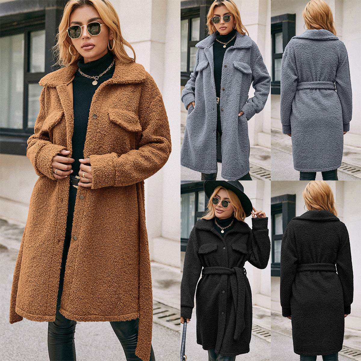 Trench-coat mi-long en peluche à simple boutonnage avec ceinture à revers