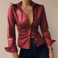 Long Sleeve V-Neck PU Leather Panel Ladies Shirt