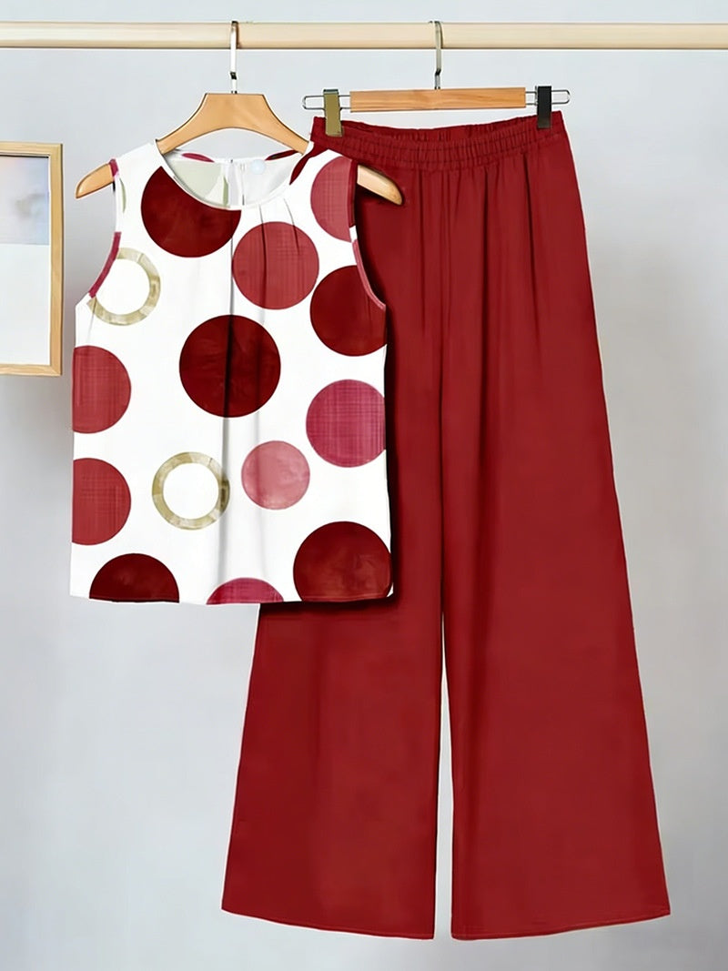 Womens Sleeveless Irregular Tank Top And Pants Fashionable Printed Two-Piece Set