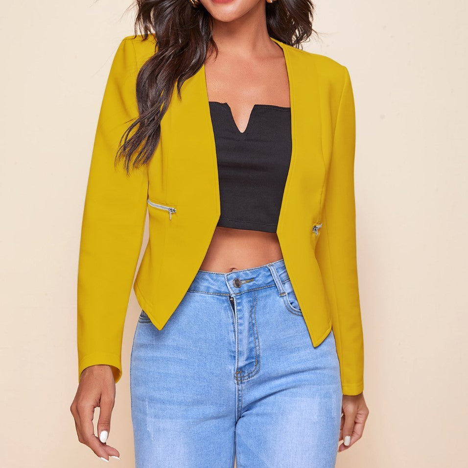 Long Sleeve Cardigan Zipper Pocket Jacket Top Small Suit