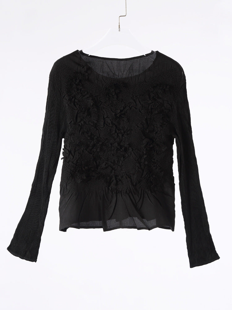 Solid Color Embroidered Long-sleeved Top Handmade Pleated Two-piece Overskirt Suit