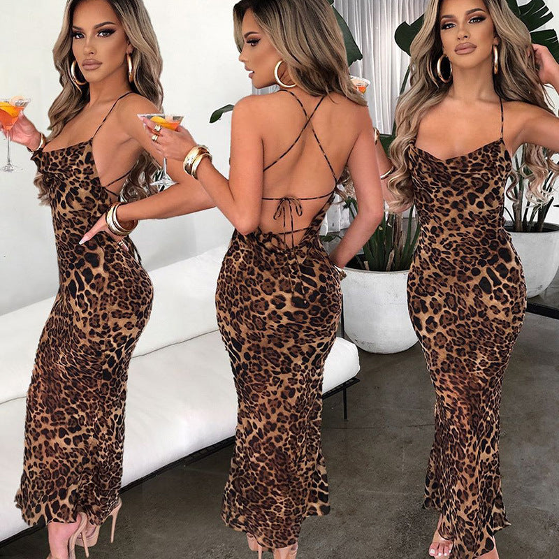 Leopard Print Backless Lace-up MIDI