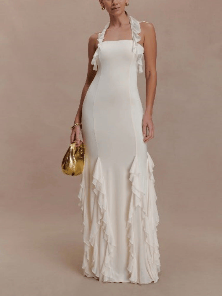 Fashionable Solid-Colored Halterneck Ruffled Sexy Backless Party Dress For Women