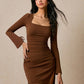 Women's Casual Brown Square-Neck Bodycon Split Dress