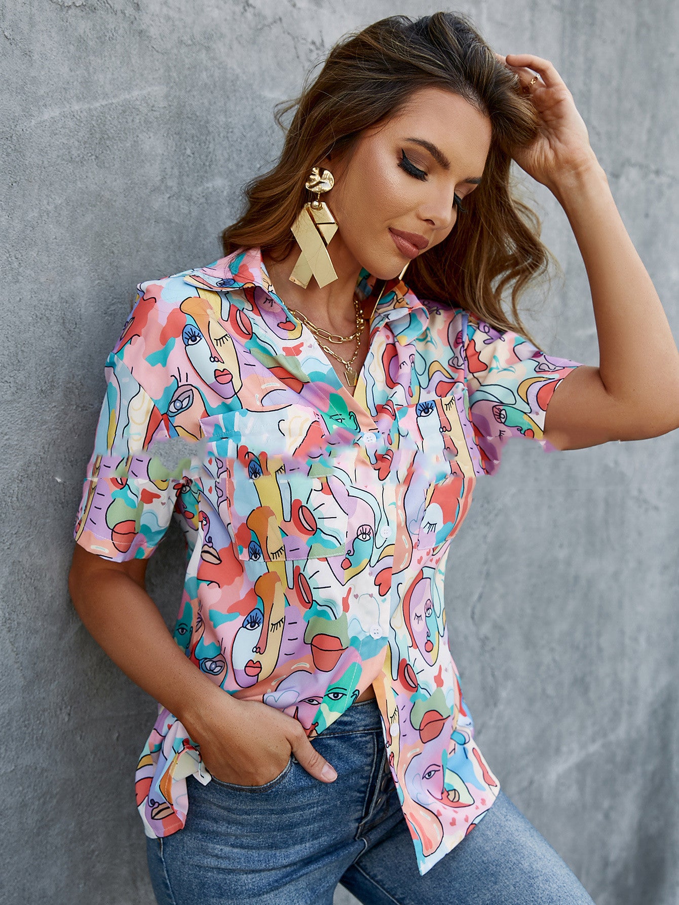 White Mid-sleeve Pullover Stitching Print Fashion Business Temperament Commuting