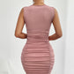 European And American Solid Color Pleated Side Tight Dress V-neck