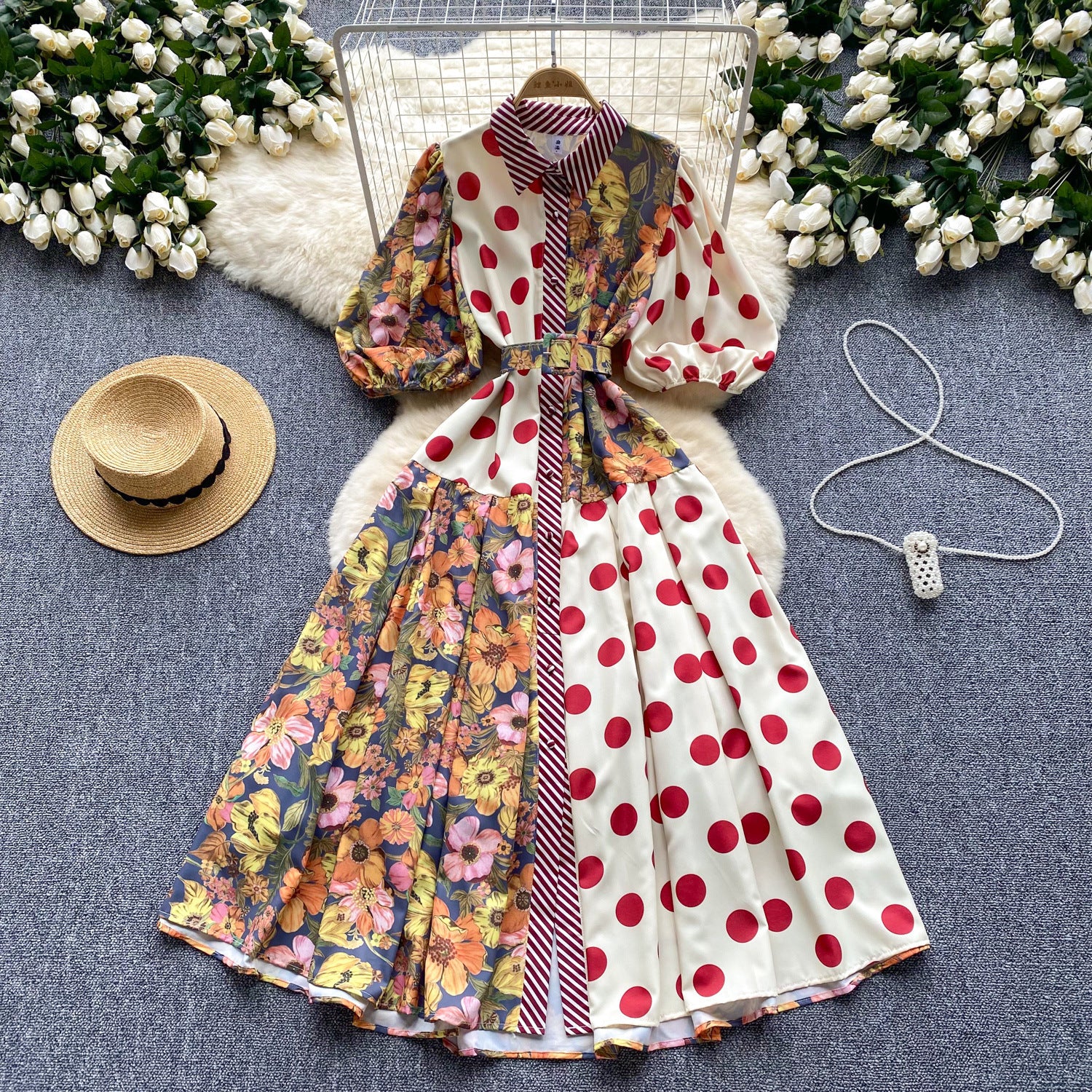Women's Vintage Court Printed Lantern Sleeve Dress