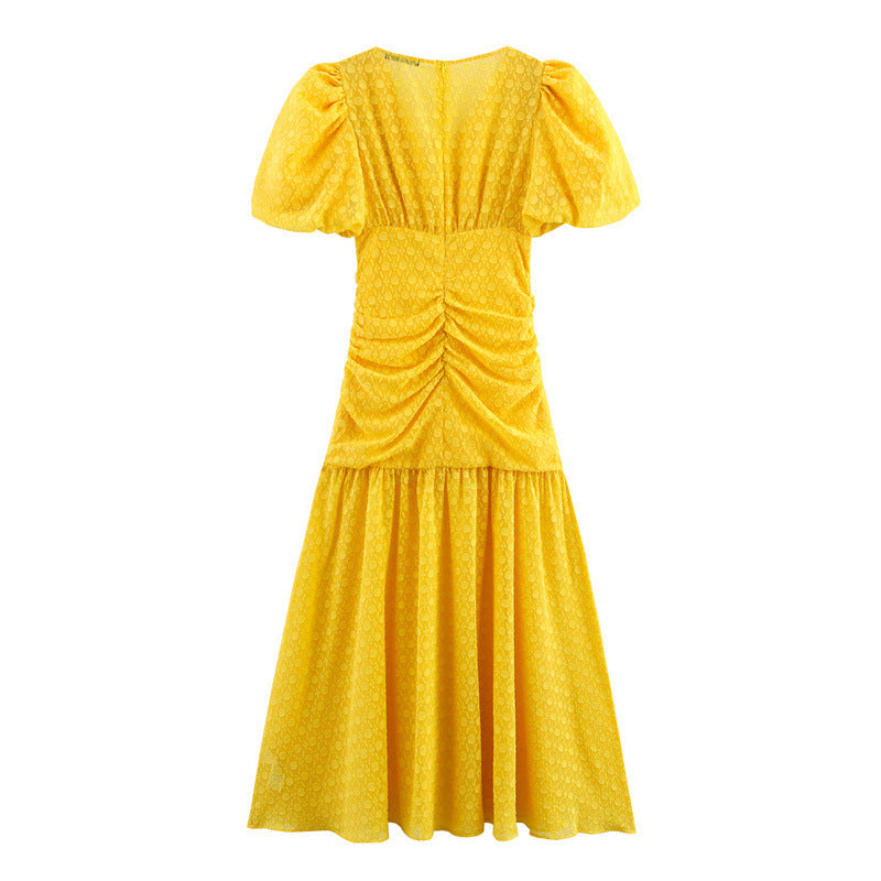 Cut Flower Slim Fit V-neck Puff Sleeve Women's Dress