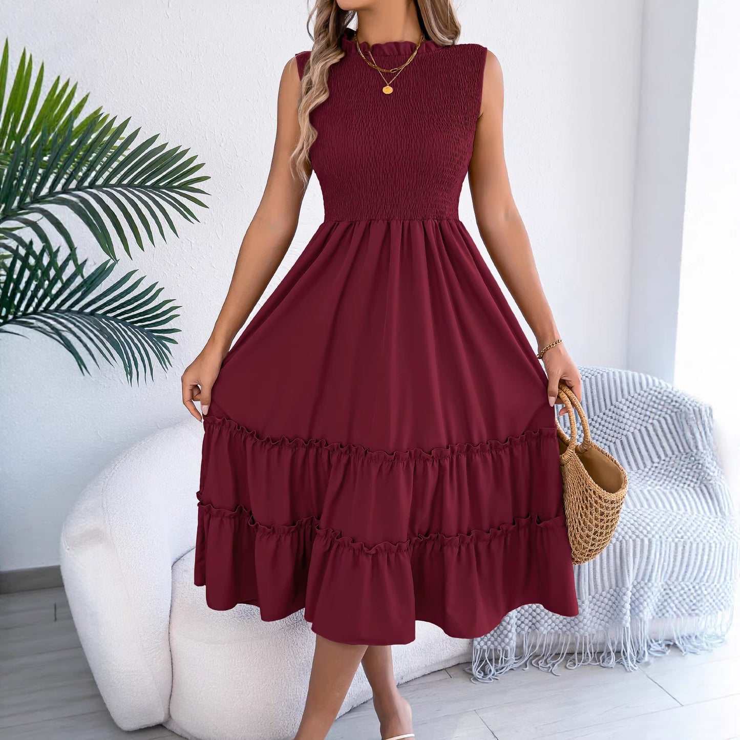 Casual Sleeveless Ruched Waistline Flounce Maxi Dress