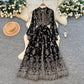 Retro Print Lapel Collar Lace Up Ruffle Hem Dress For Women