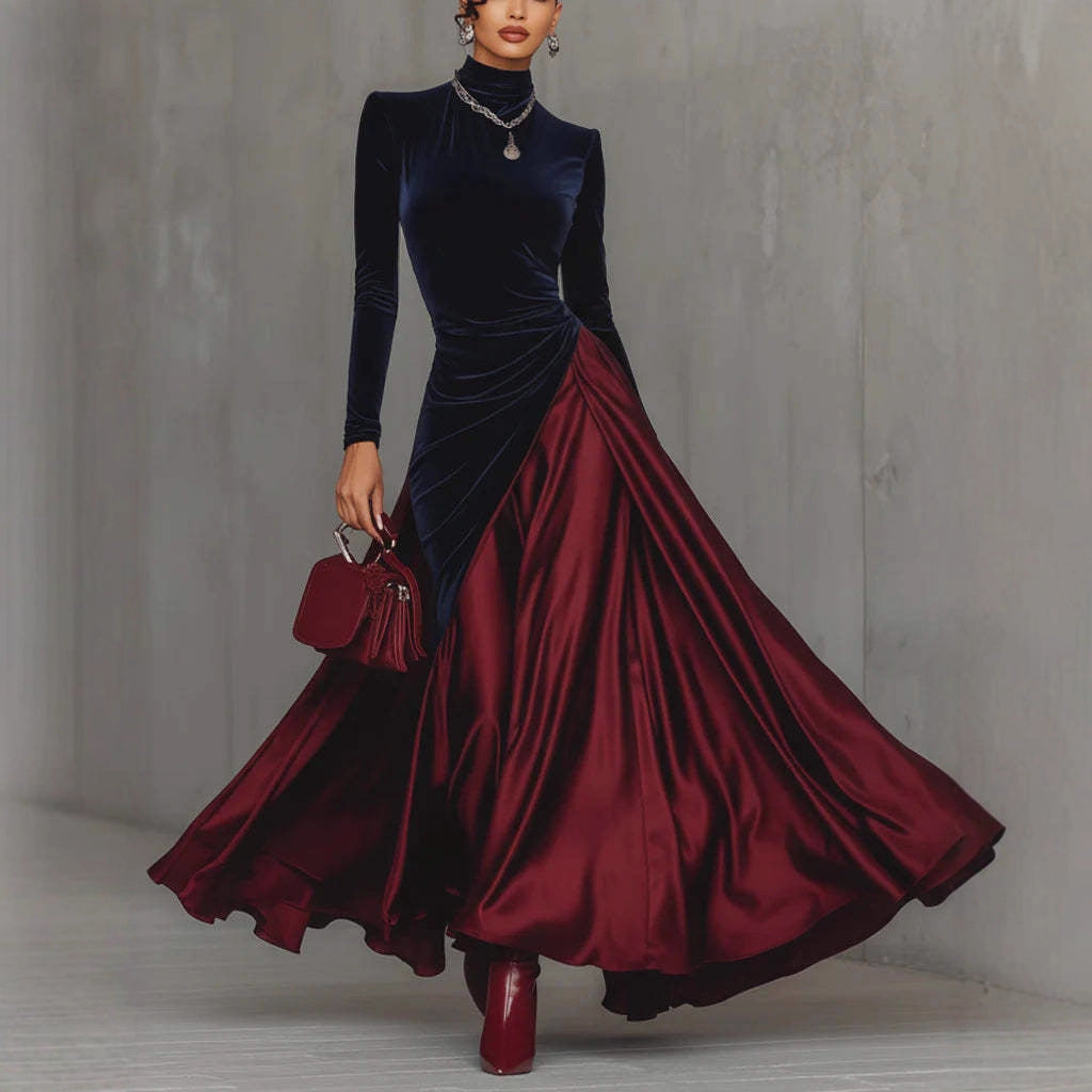 Womens Velvet Patchwork Color-Block Turtleneck Gown