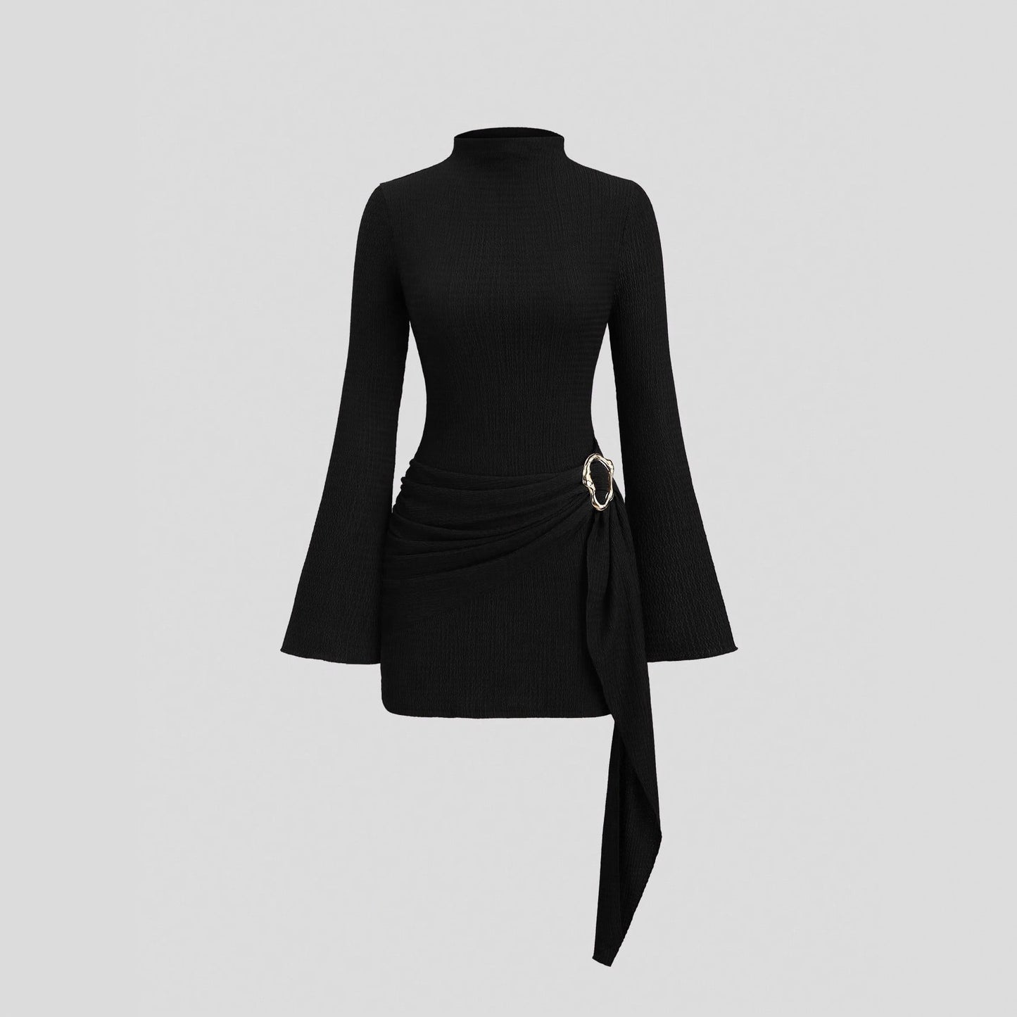 Metal Waist Buckle Minimalist Slightly Flared Sleeve Slim Fit Midi Dress