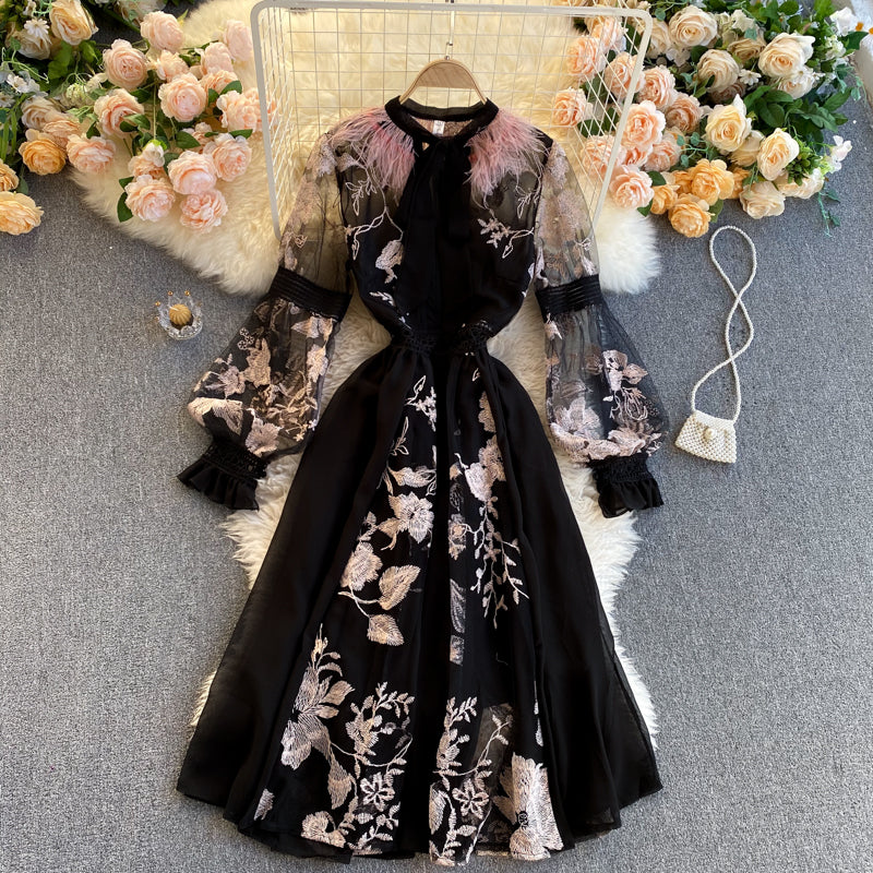 Heavy Industry Embroidered Flowers Ostrich Fur Lace Dress