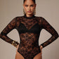 Womens Solid-Color Lace Bodysuit With Small Stand Collar And Long Sleeves
