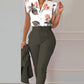 Ensemble haut et pantalon imprimé à manches volantées et ceinture, couleur unie