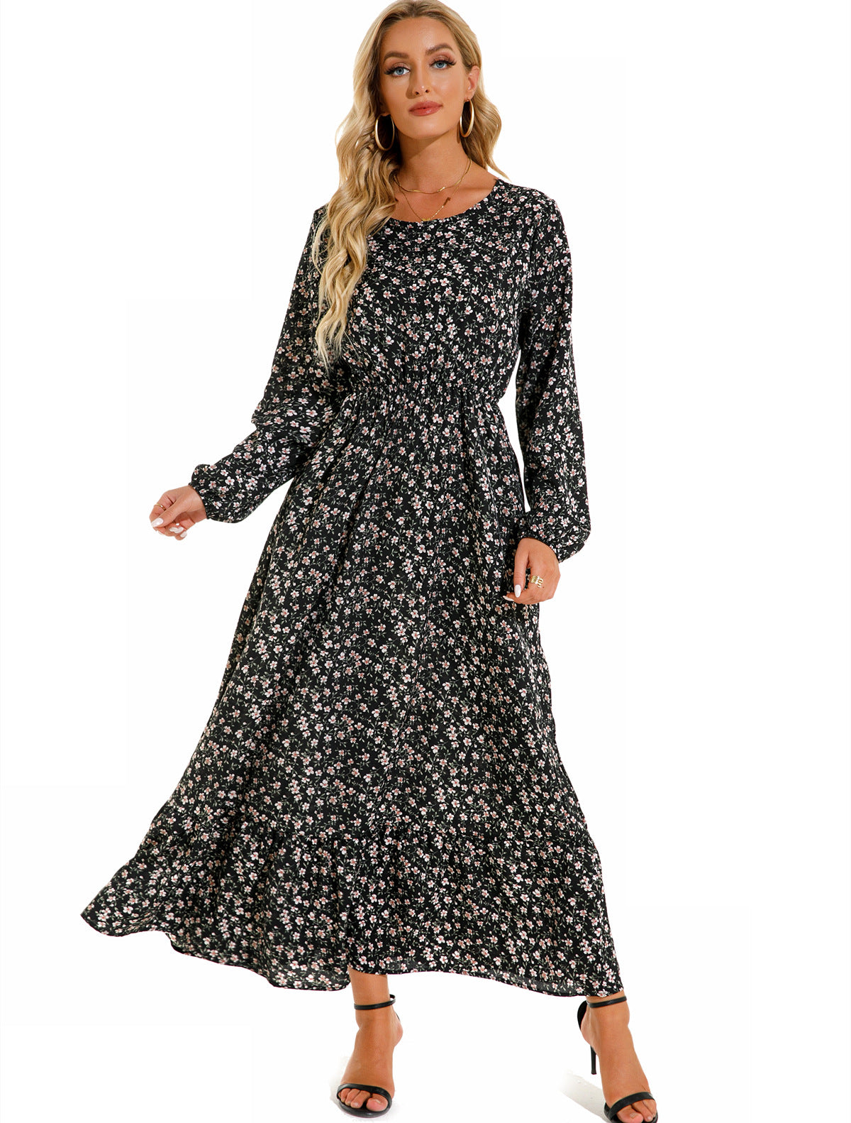 Womens Versatile Round-neck Floral Chiffon Dress
