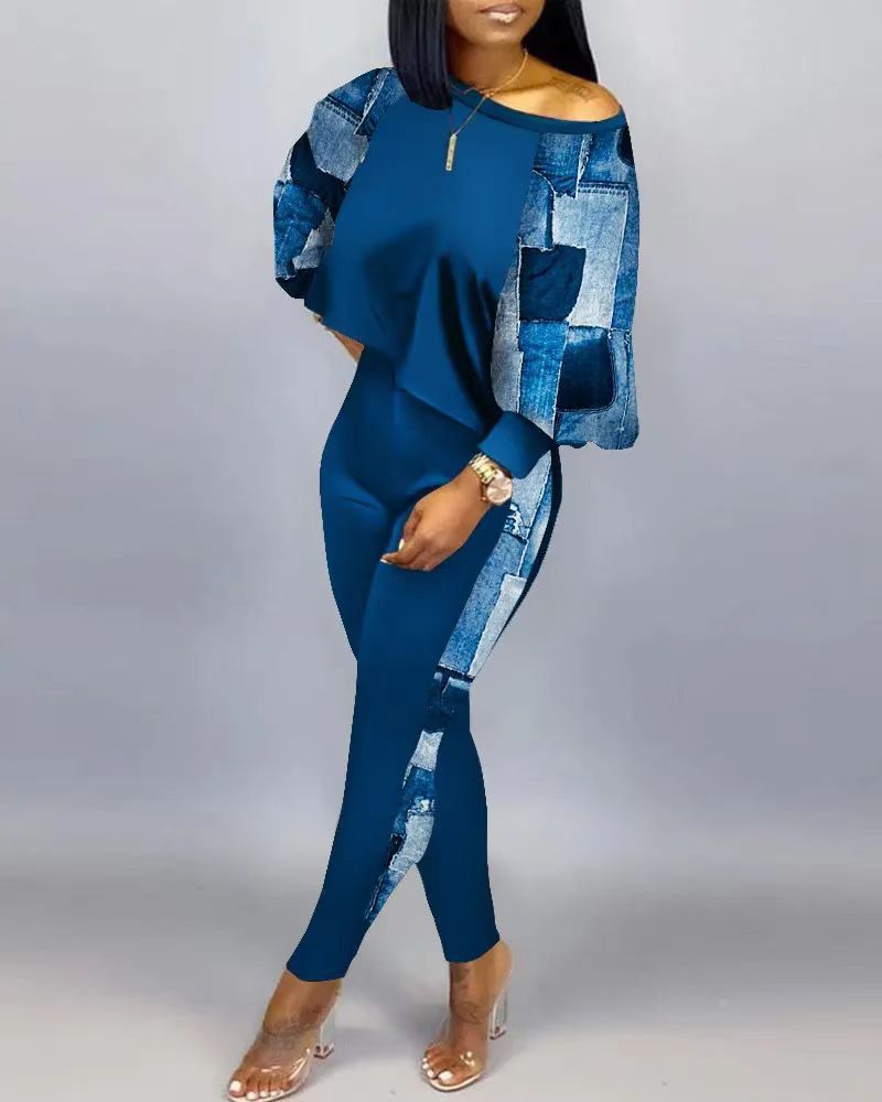 Ensemble décontracté à manches longues et col ras du cou pour femme