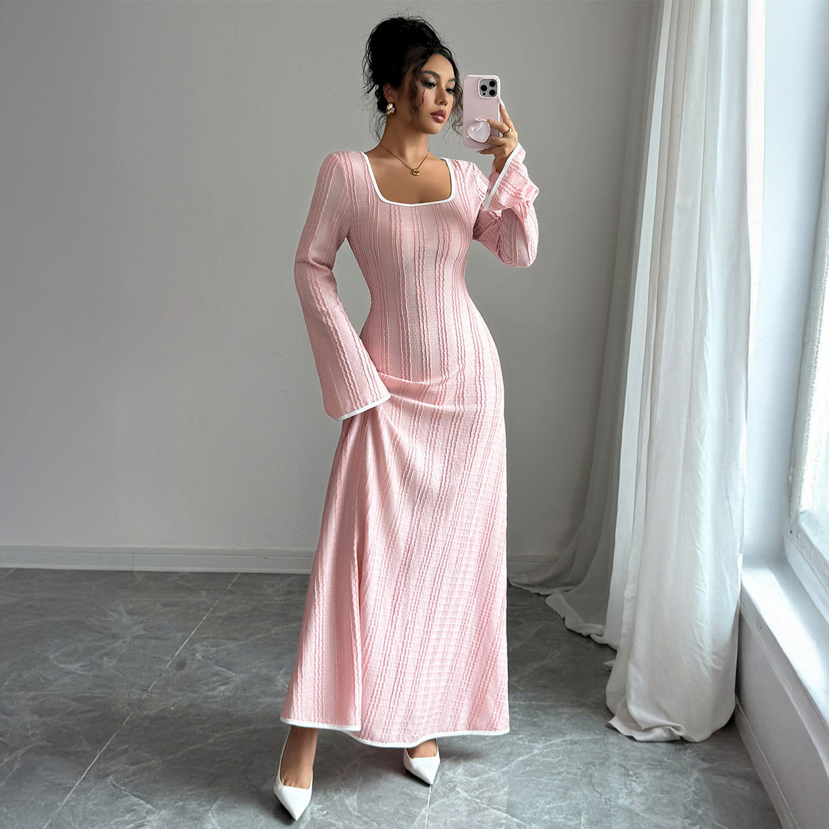 Slim-fitting Simple Long Sleeve Dress Women's Clothing