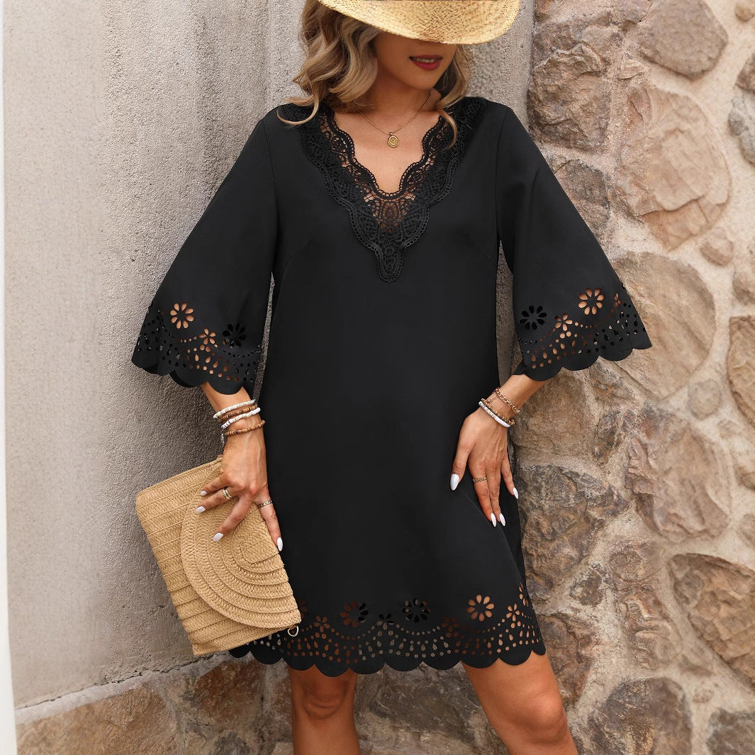 Half Sleeve A- Line Fashion Lace V-neck Dress