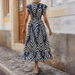Elegant Style Printed Short Sleeve Dress Lace-up Long Hem