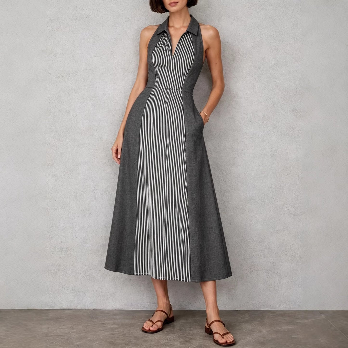 Womens Shirts Collar Defined Waistline Striped Long Swing Dress