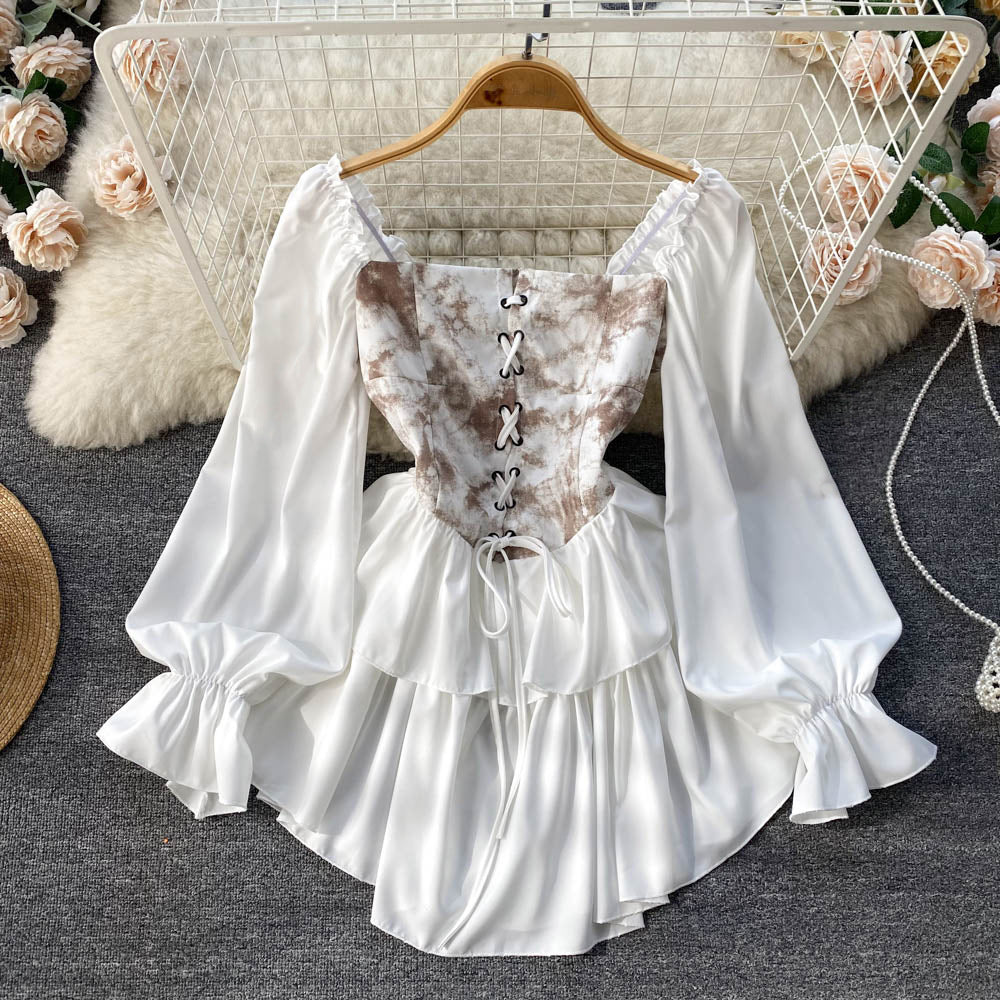 New Square-neck Retro One-shoulder Tie-dye Court-style Ruffled Dress