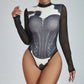 Womens Unique 3D Printed Niche Design Contrasting Color  Bodycon Long-Sleeve Jumpsuit