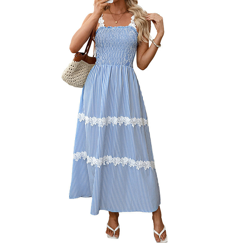 High-waisted Striped Lace Slip Dress