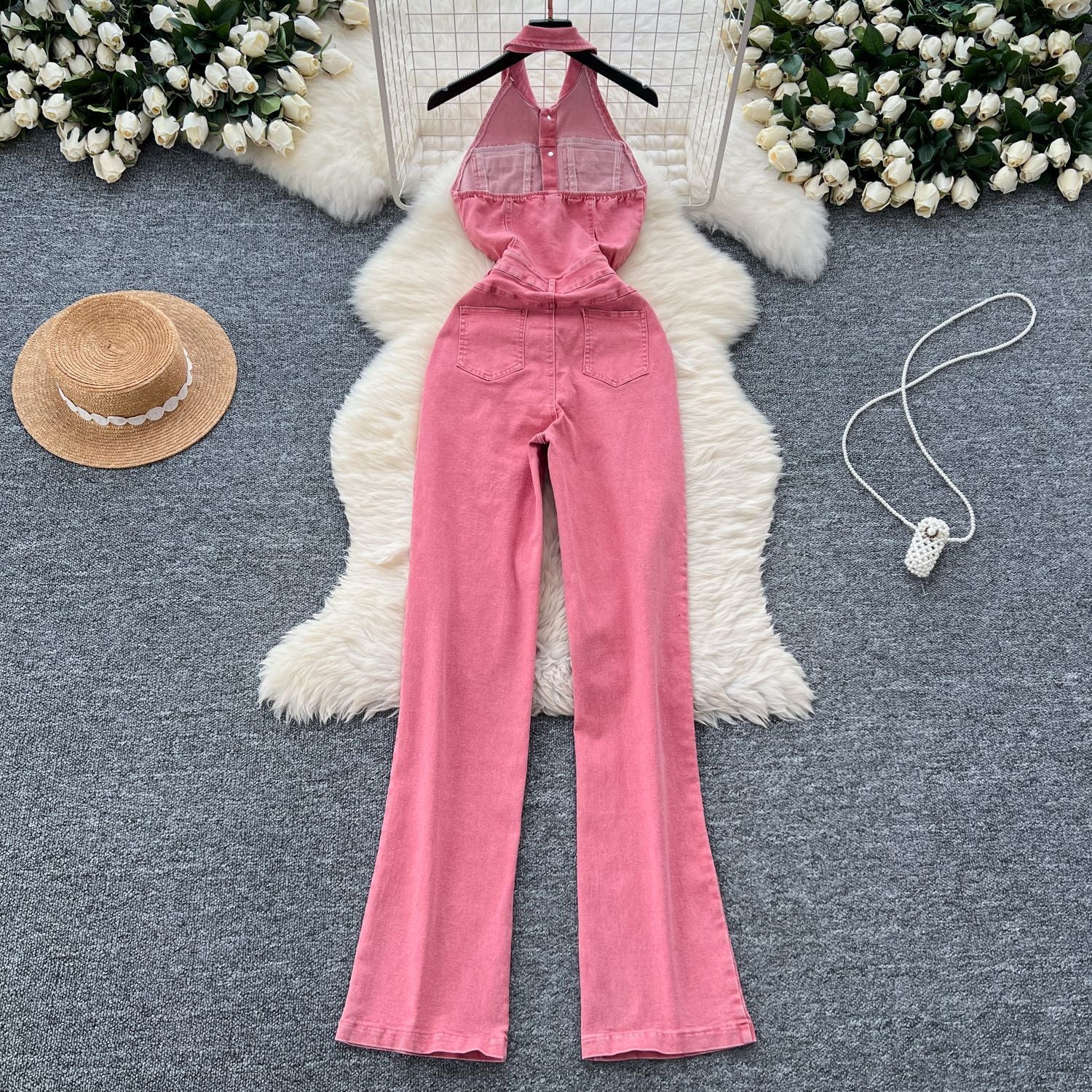 Single-breasted High Waist Slimming Slim Fit Backless Denim Jumpsuit