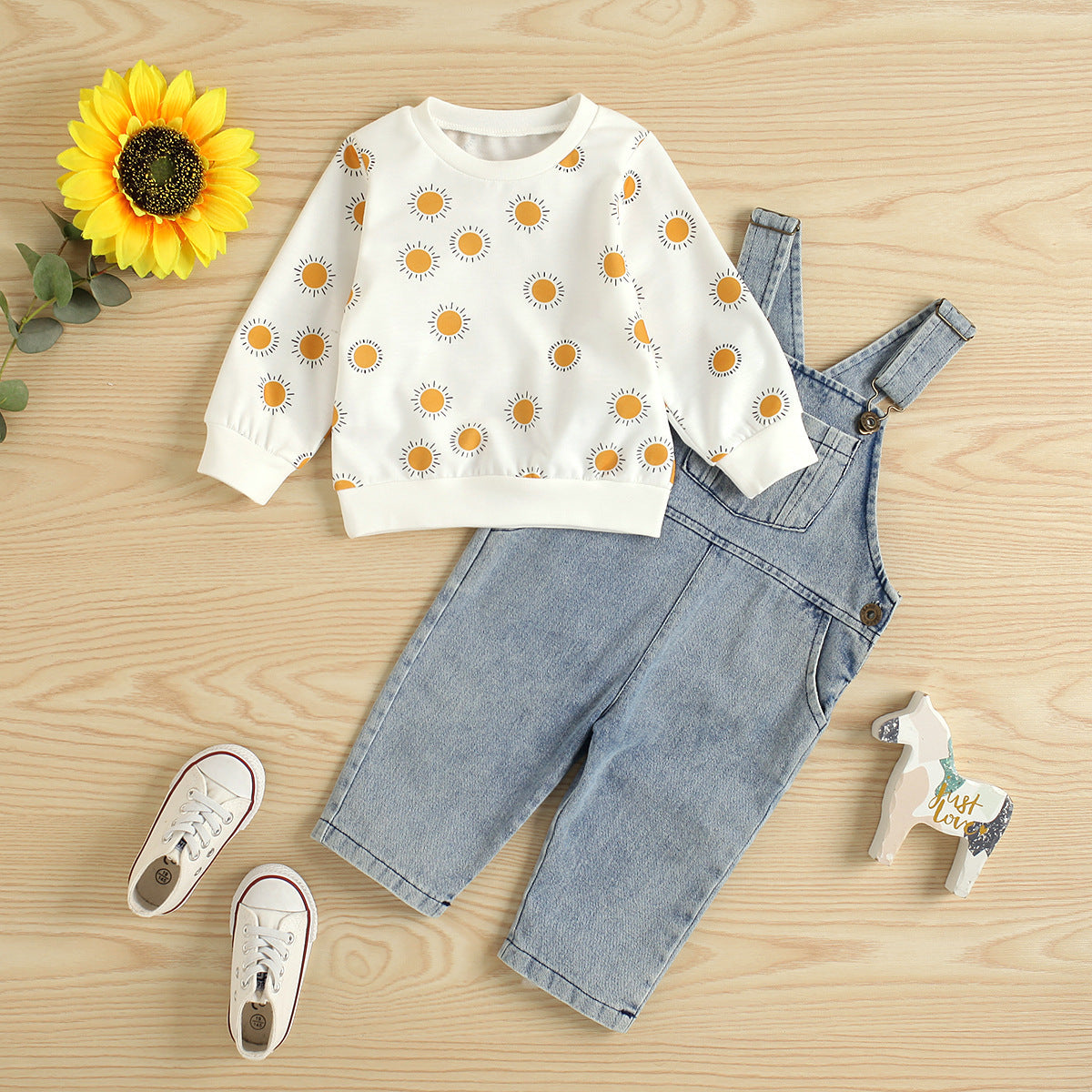 Printed Small Sun Rib Neckline T-shirt Denim Strap