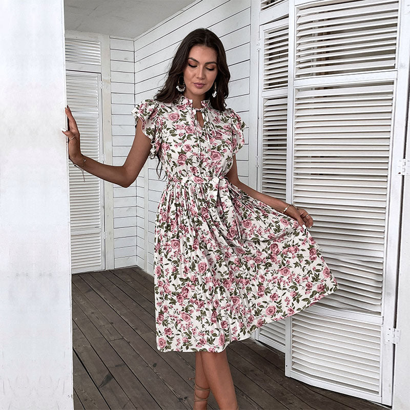 Robe plissée à fleurs et manches à volants, style européen et américain, à lacets