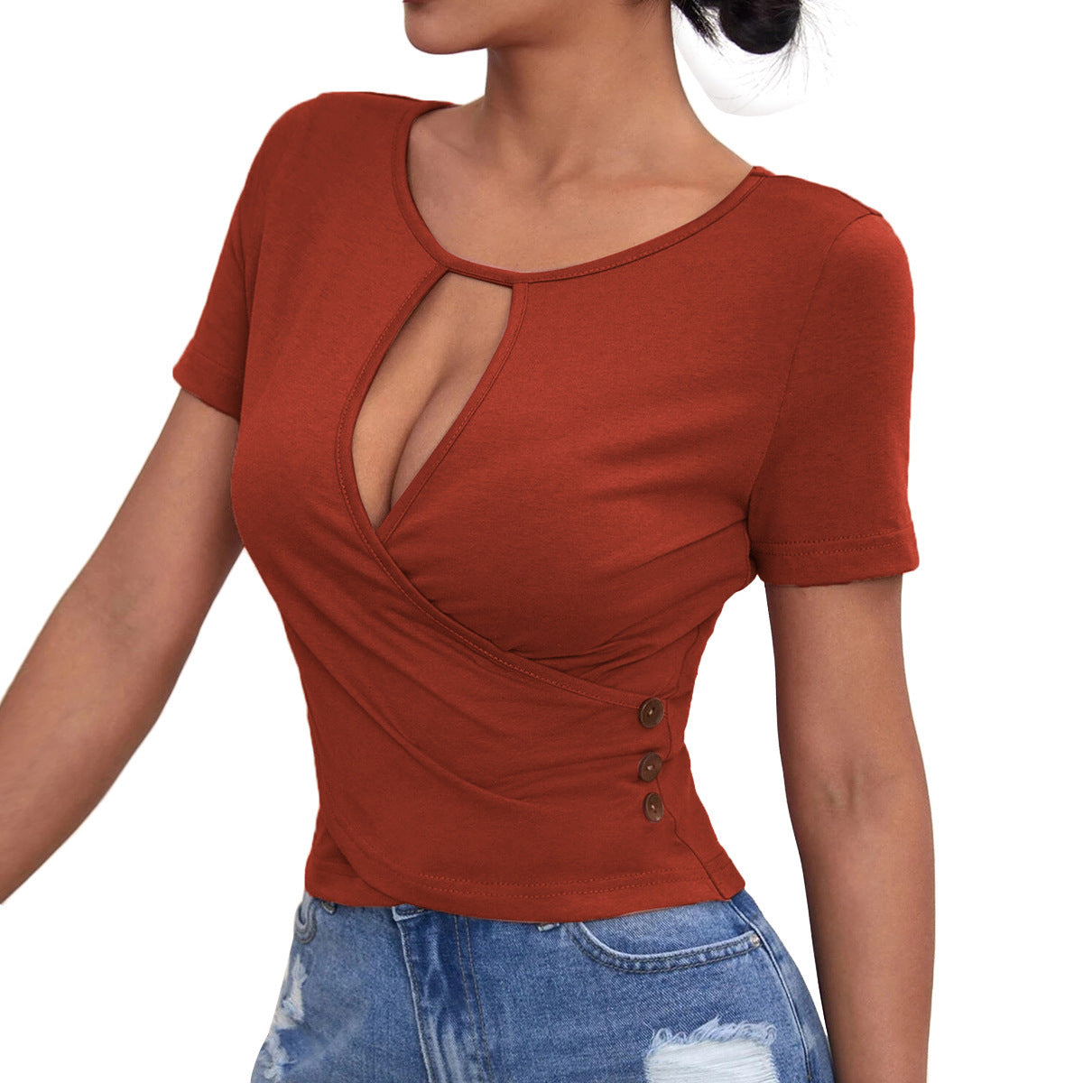 New Hollow Button Casual Short-sleeved Top