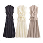 European And American Double Breasted With Belt Vest Pleated Skirt Dress