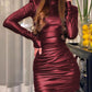 Robe fourreau moulante sexy en similicuir à manches longues et col montant pour femme