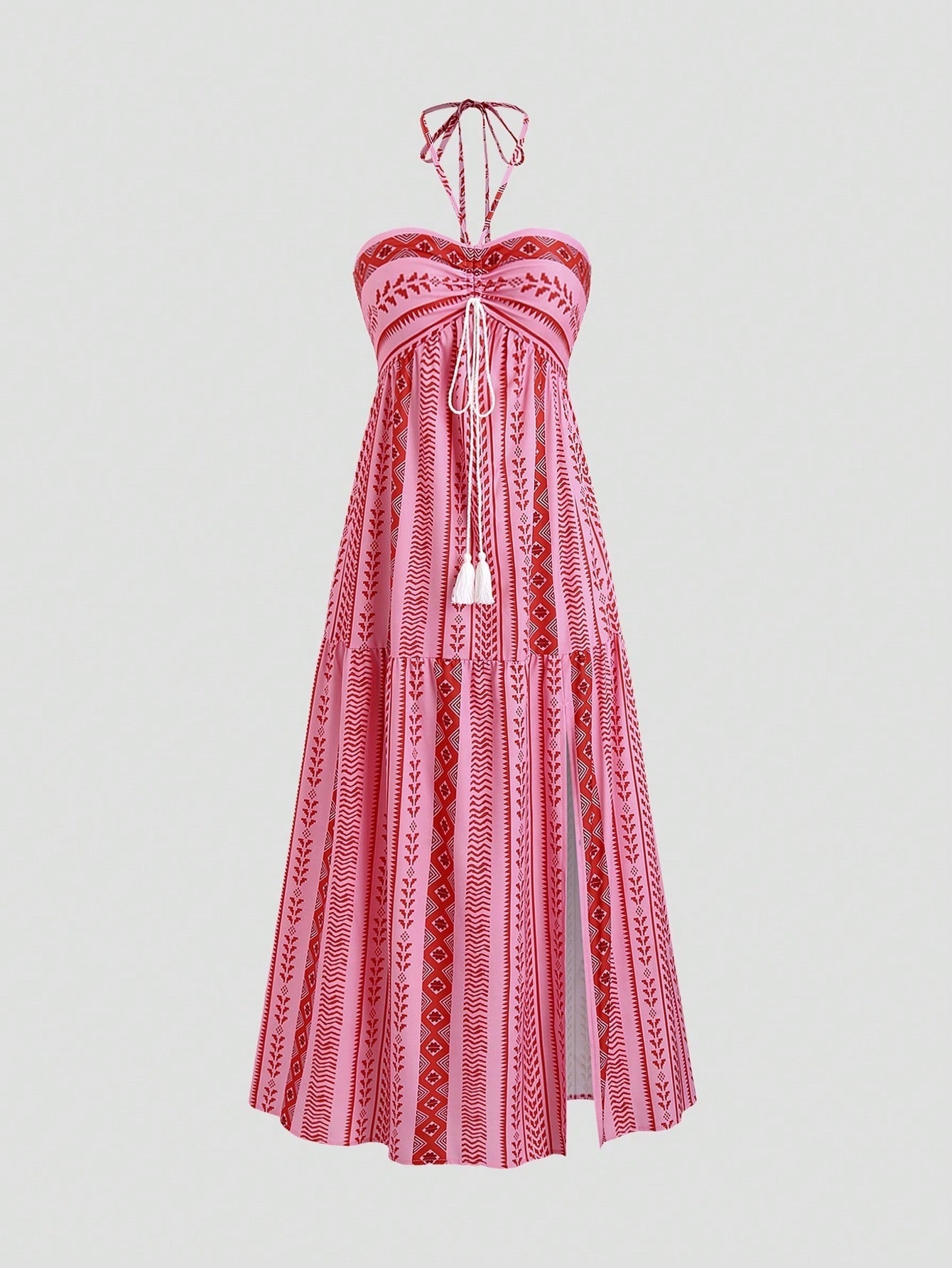 Split Printed Lace-up Tube Top Dress