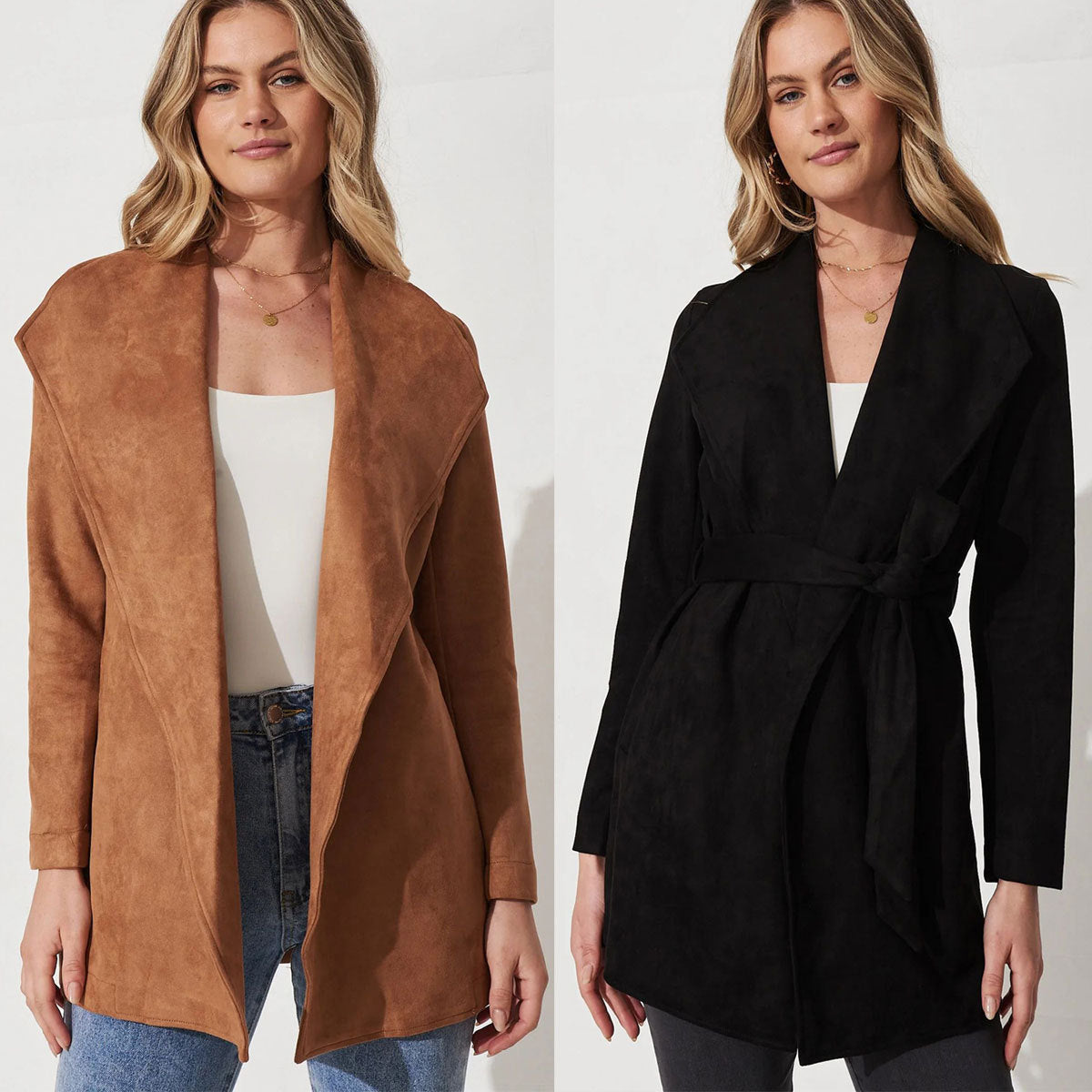 Women's Solid Color Suit Cardigan Large Lapel Suede Long Sleeve Coat