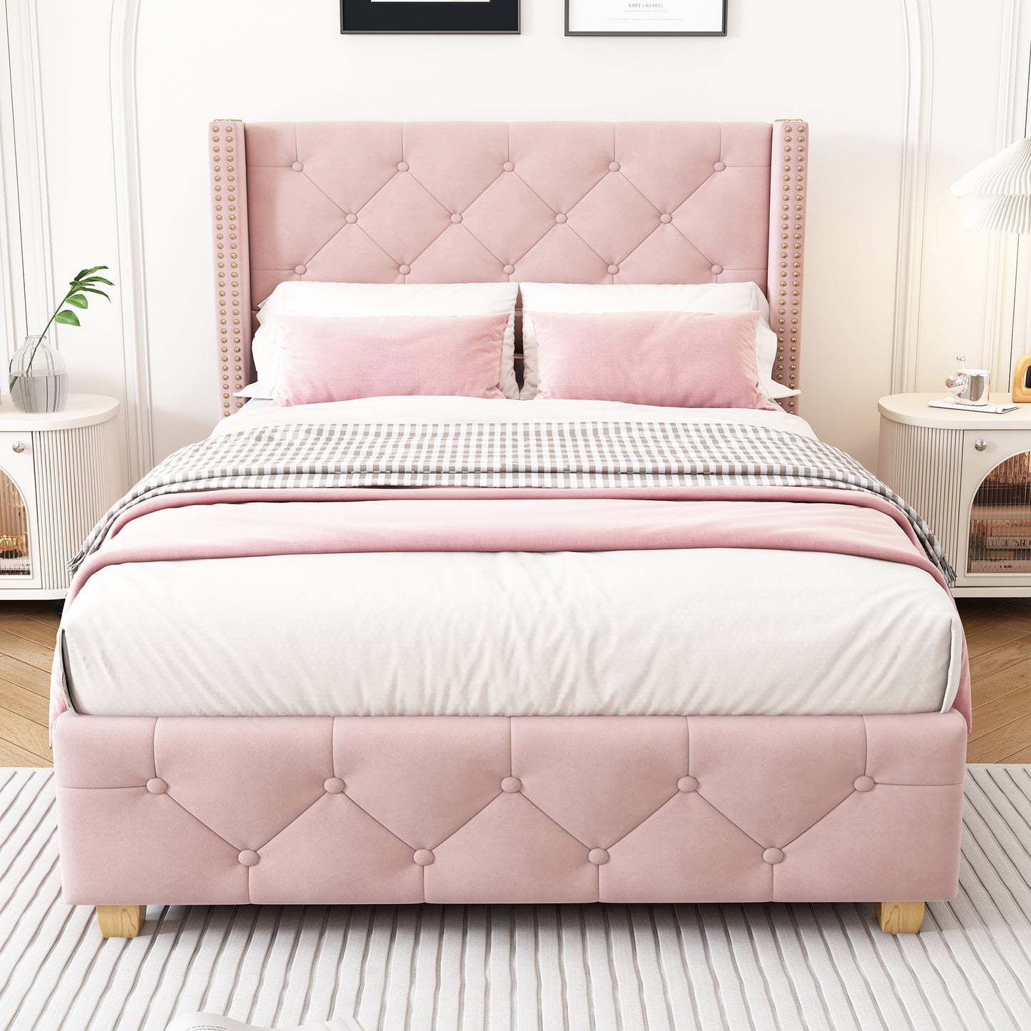 Upholstered Bed,Single Bed-3ft 90x190cm ,With Slatted Frame And Headboard, Button Upholstery, Rivet Upholstery, Wooden Legs, Velvet, Pink