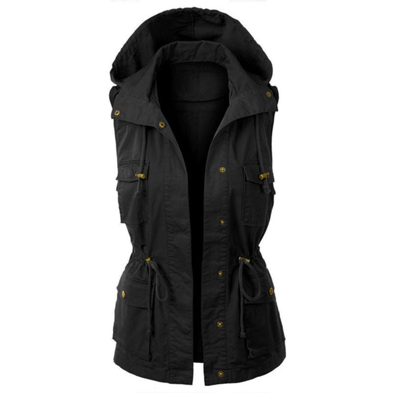 Women's Fashion Solid Color Work Vest Hooded Drawstring Coat