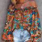Women's Printed Off-neck Flare Sleeve Tie-neck Shirt