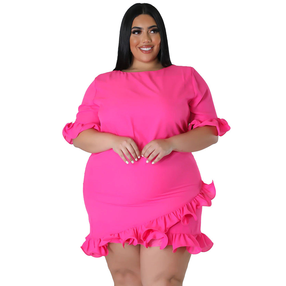 Slim-fit Round-neck Solid-color Casual Dress With Ruffled Hem
