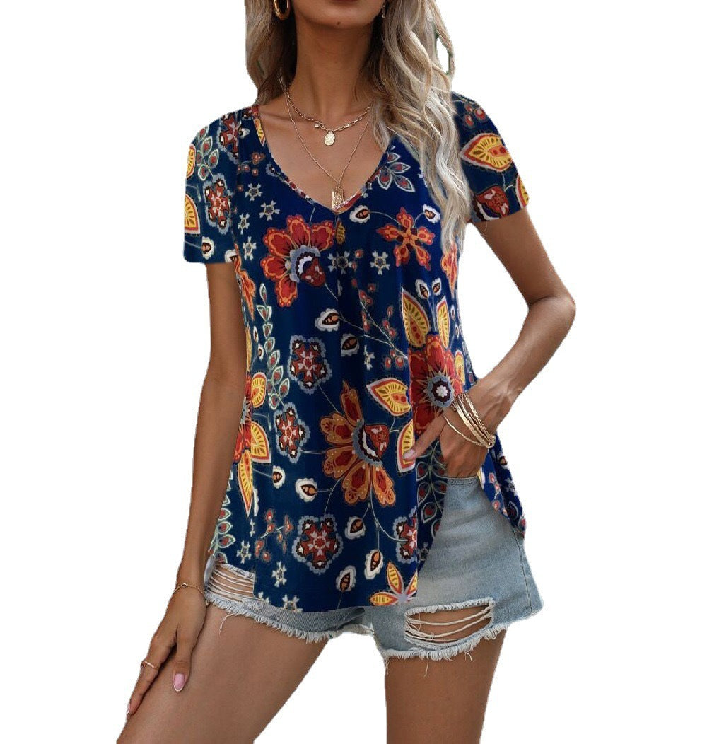 Women's Multicolor V-Neck Printed Short Sleeve T-Shirt