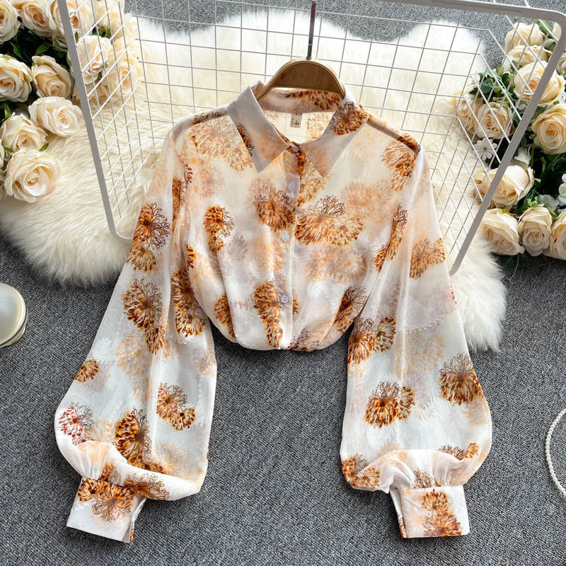 Chemise vintage imprimée à manches longues pour femme