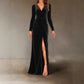 V Neck Pleated Sheath Dress With An Elegant Slit And A Figure Hugging Fit