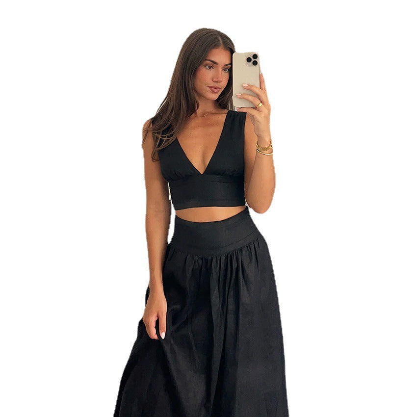 Ensemble deux pièces pour femme, robe trapèze taille haute avec gilet