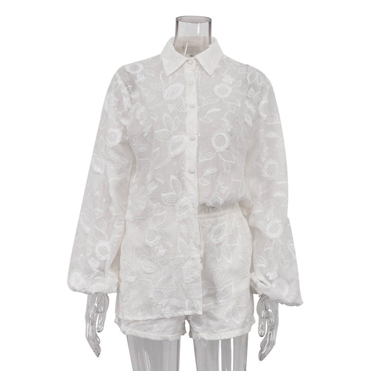 Embroidered Transparent Shirt High Waist Shorts