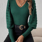 Elegant Rib V-neck Sleeve Chiffon Stitching Long Sleeve T-shirt Slimming Top