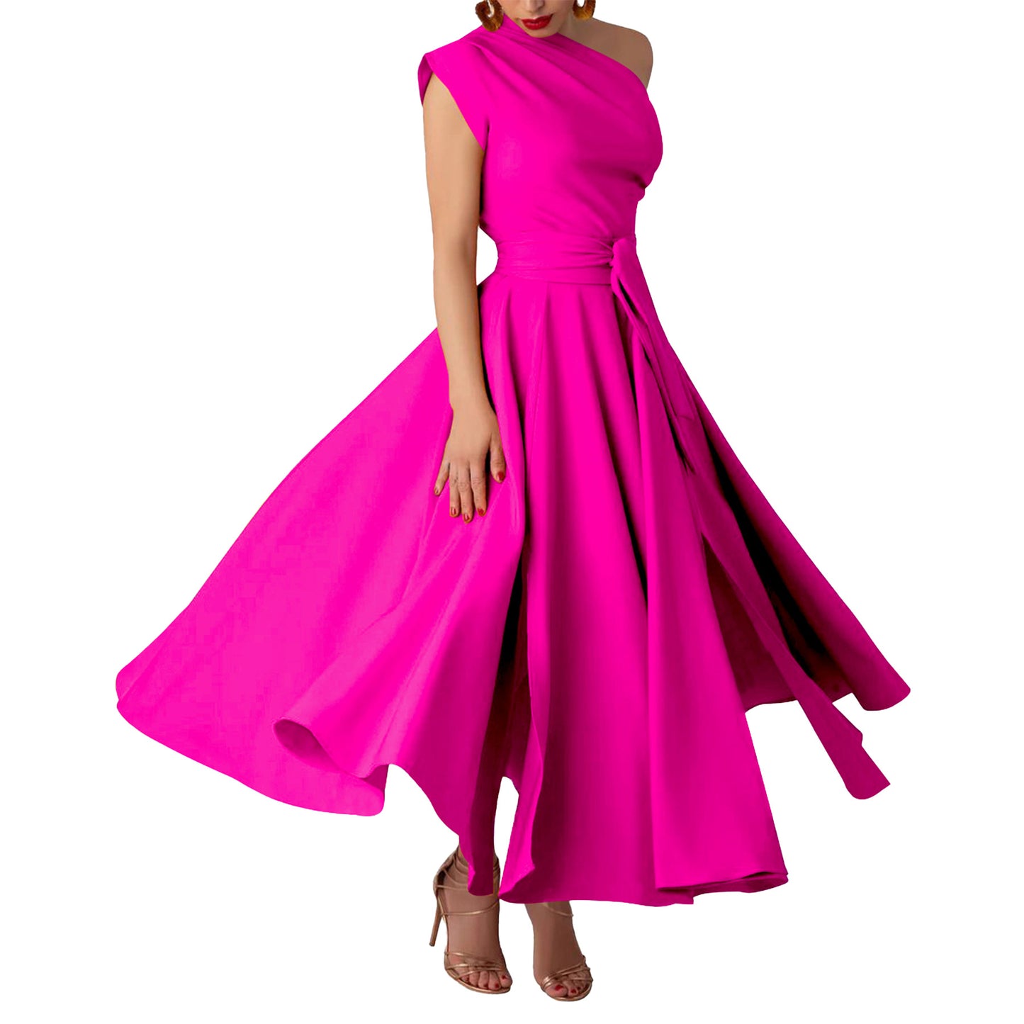 Womens Sleeveless Slash-Neck Solid Color Waist-Cinching Dress