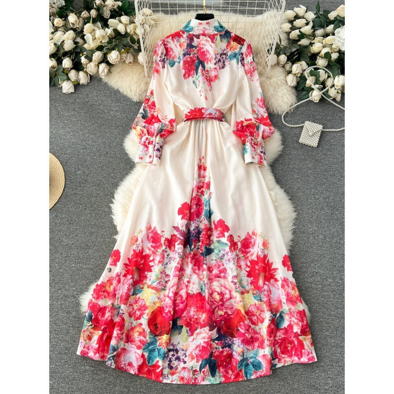 New High-grade Stand Collar Lantern Long Sleeve Waist-tight Printed Dress