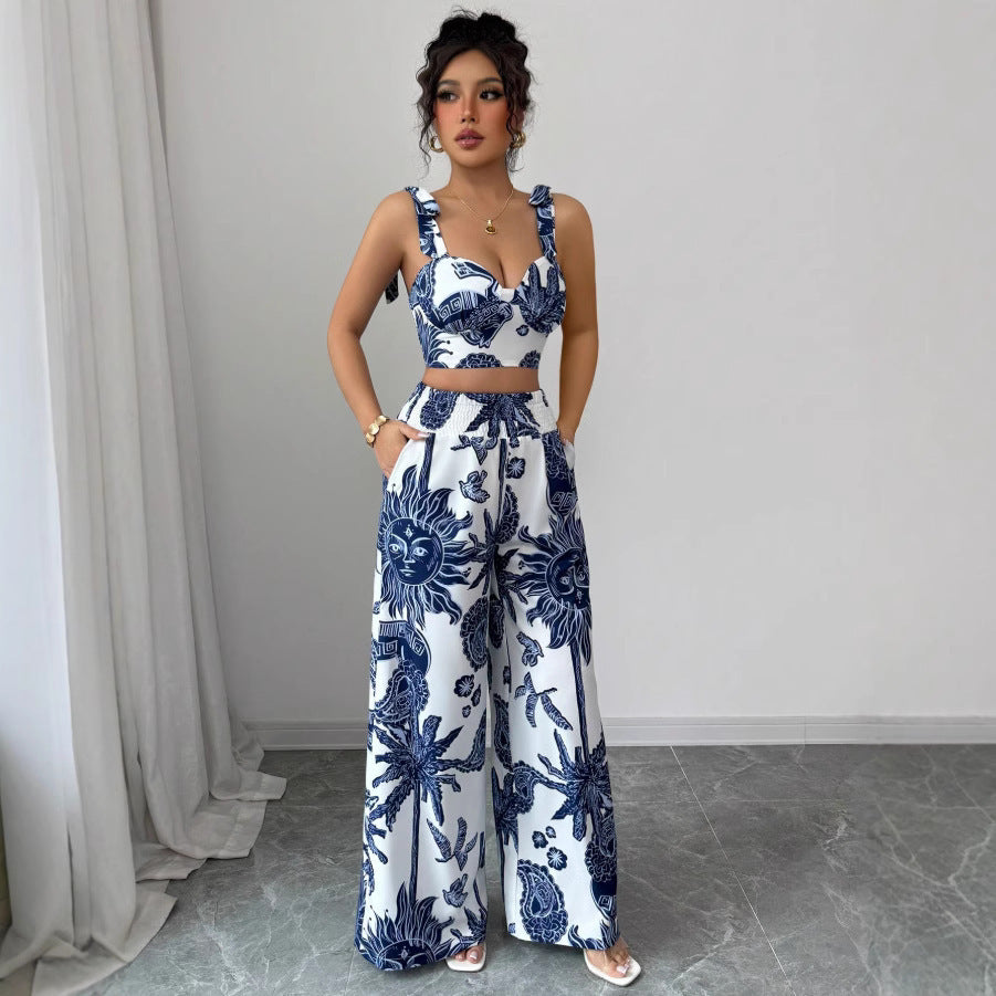 V-neck Strap Vest Loose Wide Leg Pants