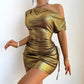 Asymmetrical Shoulder Ruffle-Knot Holiday Party Dress